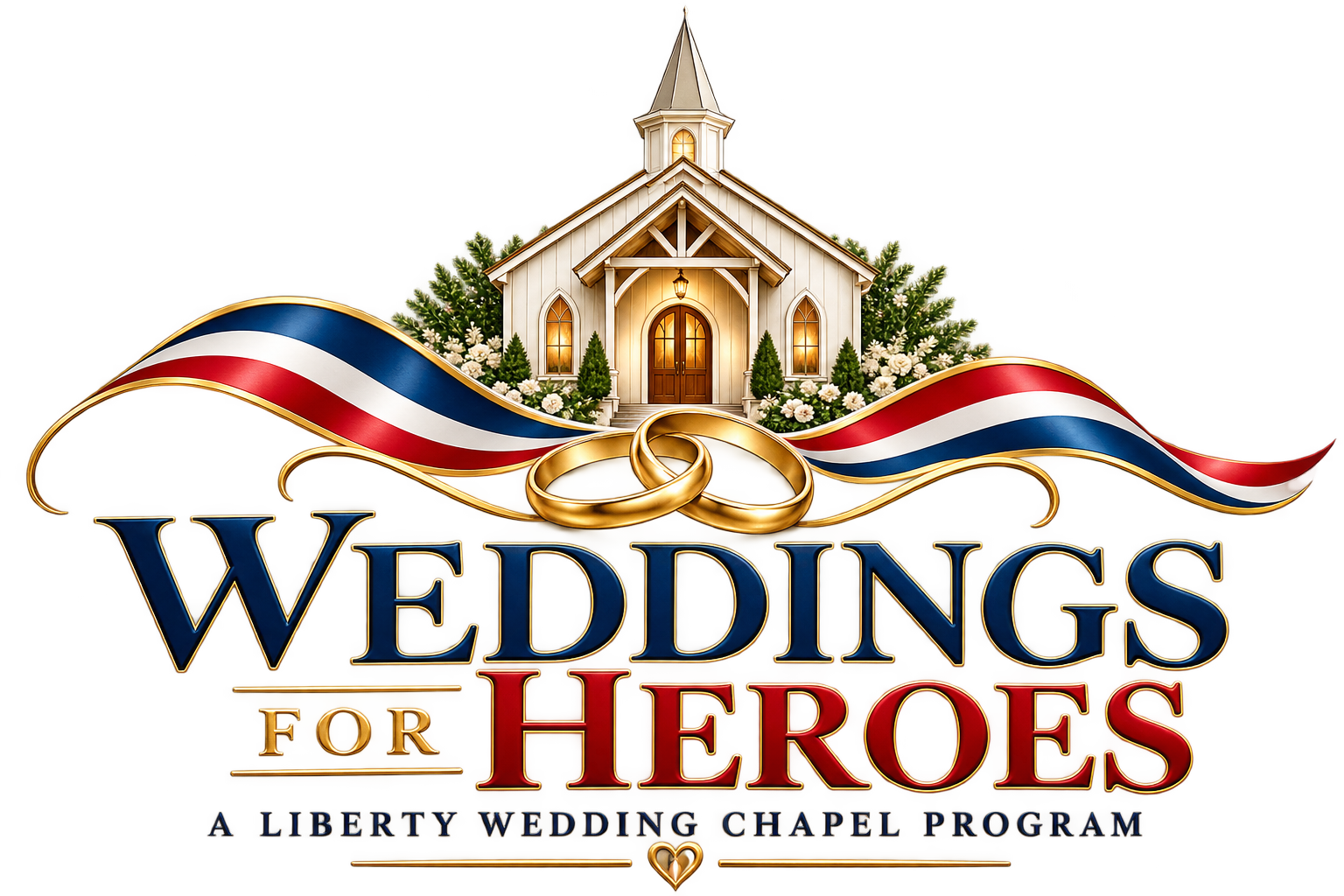 Official Weddings for Heroes program logo featuring wedding rings and patriotic ribbon